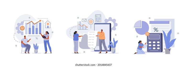 Characters manage finances. People calculating and analyzing personal or corporate budget, managing financial income, consulting with accountant. Flat cartoon vector illustration and icons set.\n