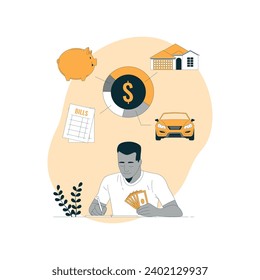 Characters manage finances. People calculating and analyzing personal or corporate budget, managing financial income, consulting with accountant. Flat