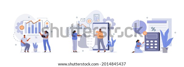 Characters manage finances. People calculating and\
analyzing personal or corporate budget, managing financial income,\
consulting with accountant.  Flat cartoon vector illustration and\
icons set.\
