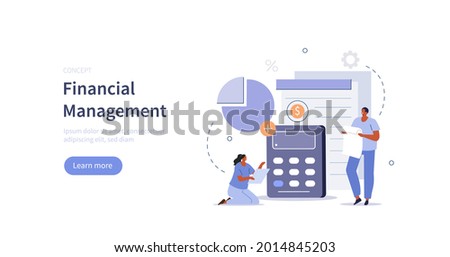 
Characters manage finances. People count on calculator and calculating personal budget or financial income. Business and finance concept. Flat cartoon vector illustration and icons set.