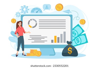 Characters management finance technology. Calculating and analyzing personal or corporate budget, managing financial income. Vector illustration