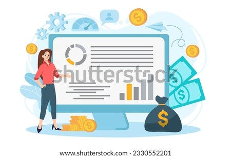 Characters management finance technology. Calculating and analyzing personal or corporate budget, managing financial income. Vector illustration