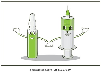 Characters, mascot, syringe and ampoule, capsule, holding hands, medicine