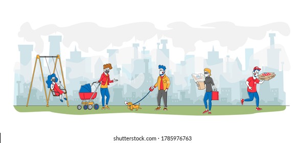 Characters in Masks on Street Against Factory Pipes Emitting Smoke. People Walking with Children and Pets, Food Delivery Service. Fine Dust Pollution, Coronavirus Pandemic. Linear Vector Illustration