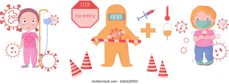Characters in masks, protection. Vector illustration of sick children with Corona virus on white background. Pandemic and corona virus outbreaks. Mask to protect yourself against Corona virus.
