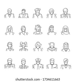 Characters in medical face mask line icons. Set included icon as man, woman, Muslim, senior, adult and young person who wearing  surgical mask for virus and pollution protection.