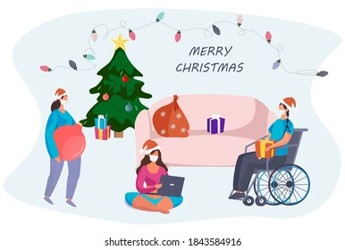 Characters in Medical Mask Celebrating Christmas Online Online during Quarantine.Christmas Party in Covid 19.Winter Holidays in Coronavirus.Online Conferense in Quarantine.Vector Illustration