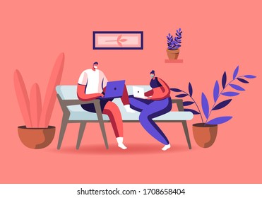 Characters in Medical Masks Sitting on Couch Working Distant on Laptop from Home. Freelance Self-employed Occupation at Covid19 Pandemic Quarantine Self Isolation. Cartoon People Vector Illustration