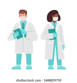 Characters medics, doctor and nurse, isolated on the white background, give consultation. Modern medical workers from hospital. Work in the medicine, save people life and help cured. Flat illustration