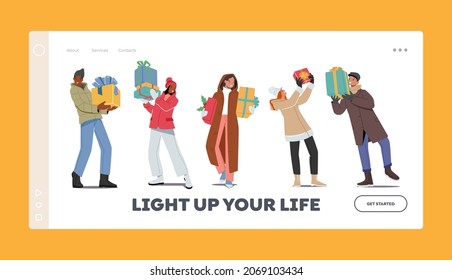 Characters Men and Women Buying Presents for Holidays Landing Page Template. Happy People in Warm Winter Wear and Hats Holding Gift Boxes for Christmas Celebration. Cartoon Vector Illustration