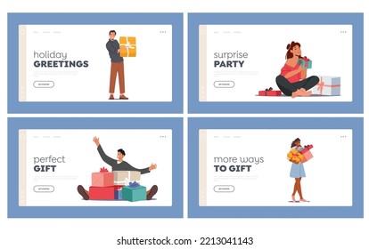 Characters Men and Women with Holiday Presents Landing Page Template Set. Happy People Holding Gift Boxes for Christmas, New Year, Birthday or Boxing Day Celebration. Cartoon Vector Illustration