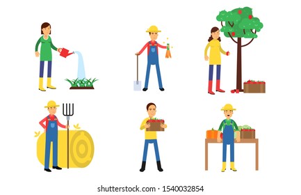 Characters Of Men And Women Are Working On A Farm Or In A Vegetable Garden In Agricultural Concept Illustration Set