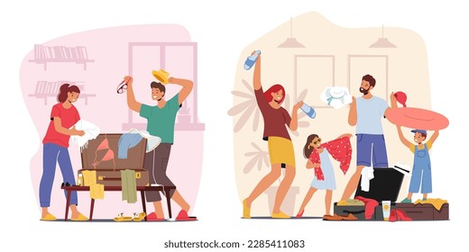 Characters Meticulously Packing Suitcases, Folding Clothes, And Arranging Items Neatly. Excitement Of Travel Preparation, Tourism, Luggage, Or Summer Vacation Concept. Cartoon Vector Illustration