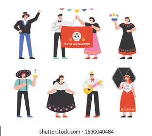 Characters in Mexican traditional costumes. flat design style minimal vector illustration.