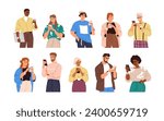 Characters with mobile smart phones set. People holding smartphones. Men, women using cell devices, cellphones in hands, reading, surfing online. Flat vector illustrations isolated on white background