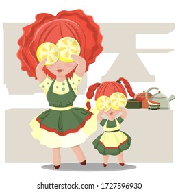 Characters mom and daughter stand in the background of the kitchen at home, hold a lemon in her hand, in a dress and apron, red curly hair