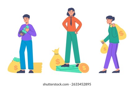 Characters with money. Successful rich people, financial well-being, people making, saving or investing money flat vector illustration set. Successful people on white