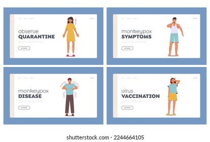 Characters with Monkeypox Virus Symptoms Landing Page Template. Sick Men and Women with Allergy, Smallpox Fever, Rash, Headache. Diseased People with Monkey Pox Disease. Cartoon Vector Illustration