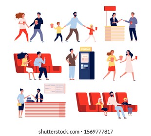 Characters in movie theatre. Funny people going to entertainment show watching films vector flat persons