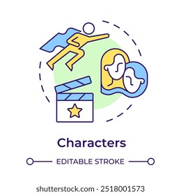 Characters multi color concept icon. Film story, storytelling. Narrative, protagonist. Round shape line illustration. Abstract idea. Graphic design. Easy to use in infographic, presentation