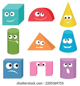 Characters, Multicolored volumetric geometric shapes of kawaii, color vector illustration