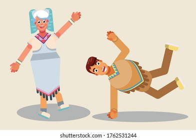 Characters of a native couple dancing. Thanksgiving theme. Simple character vector illustration.