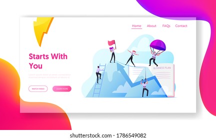 Characters New Heights, Team Work Landing Page Template. Business People Climbing on Mountain Peak, Walking on Rope, Falling with Parachute. Goal Achievement. Cartoon People Vector Illustration