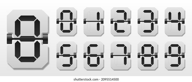Characters and numbers. Flip clock showing how much time: hours, minutes and seconds. Set of mechanical scoreboard digits. 