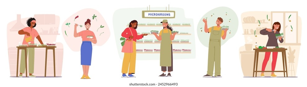 Characters Nurture Tiny Seeds Into Microgreens, Cultivating Them at Homes. Buyers Relish Their Freshness, Nutritional Value, And Versatility In Salads And Dishes. Cartoon People Vector Illustration