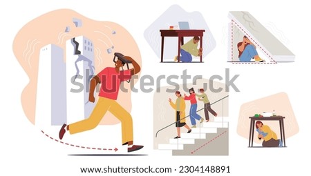 Characters Observe Earthquake Safety Rules. Drop, Cover, Hold On, Stay Away From Windows. Plan Evacuation Routes, Secure Heavy Furniture, Avoid Elevator, Stay Calm. Cartoon People Vector Illustration