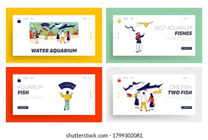 Characters in Oceanarium Landing Page Template Set. Parents and Kids Look at Ocean Fishes behind Glass. Children in Aquarium, Marine Underwater Sea Animals Variety. Linear People Vector Illustration