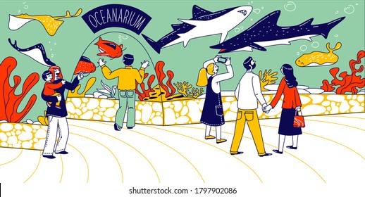 Characters in Oceanarium, Parents and Kids Looking at Ocean Fishes behind Glass. Children in Aquarium, Marine Flora and Fauna, Underwater and Sea Animals Variety. Linear People Vector Illustration