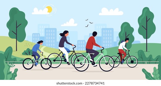 Characters on bike ride in park, summer outdoor activity concept of bike park cartoon outdoor illustration lifestyle