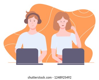 Characters On A Bright Background. Support Staff, Young Colleagues, Freelancers. Work At A Laptop On The Internet. Vector Illustration.