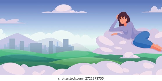 Personagens em nuvens. Sonhando pessoas relaxando e passar o tempo em nuvens vetor exato fundo cartoon