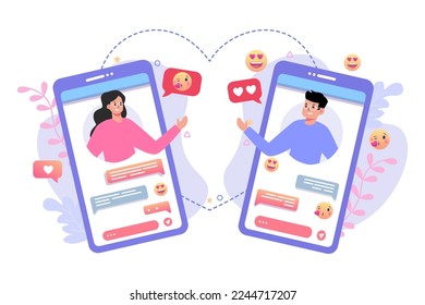 The characters on the phone screen and write messages about love. Dating app and virtual relationship.