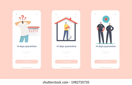 Characters on Quarantine during Covid19 Self Isolation Mobile App Page Onboard Screen Template. People Wearing Masks near Huge Calendar and Police Officers Concept. Cartoon People Vector Illustration