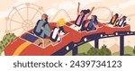 Characters On Roller Coaster Rides Exhibit Mix Of Exhilaration And Terror, With Wide Eyes, Raised Arms And Open Mouths