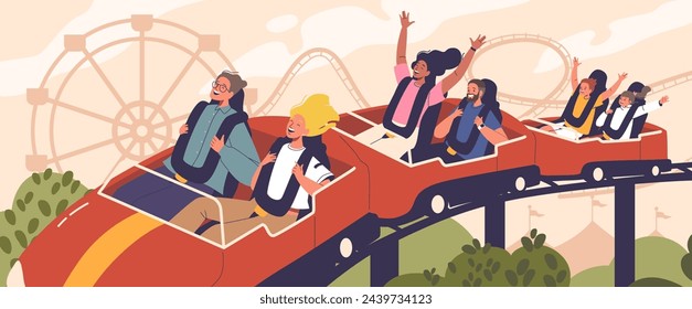 Characters On Roller Coaster Rides Exhibit Mix Of Exhilaration And Terror, With Wide Eyes, Raised Arms And Open Mouths