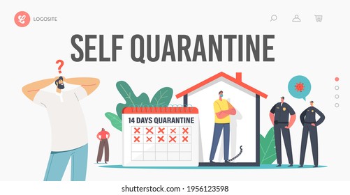 Characters on Self Quarantine during Covid19 Landing Page Template. Tiny People Wearing Protective Medical Masks near Huge Calendar and Police Officers. Lockdown Concept. Cartoon Vector Illustration