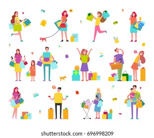 Characters on shopping with hands full of colorful paper bags isolated vector illustration on white background. People buy presents set.