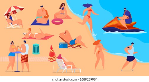 Characters on a summer beach. Men and women on the beach relax, have fun, play sports, ride water motorcycles. People lie in sun beds on the beach. Vector illustration