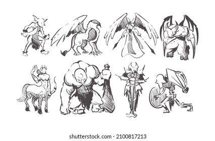 Characters of online fantasy games: goblin,griffin,angel,archangel,demon,skeleton,cyclops,centaur,death knight sketch hand drawn 