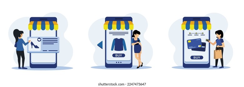 Characters are online shopping concept. Woman buy shoes and sweater on app. Girl pays for online order with credit card. Business banners in flat style. Vector illustration