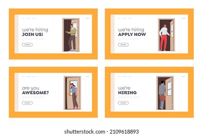 Characters Opening Door, Hiring Landing Page Template Set. Men, Women, Business Persons Enter Open Doorway. People Leaving Home, Entrance to Apartment or Office. Cartoon Vector Illustration