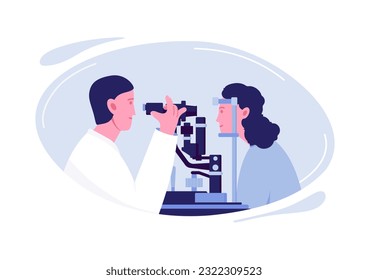 Characters of ophthalmologists. Vector concept of ophthalmology clinic. Doctor and patient, eye examination, diagnosis illustration. Vector illustration