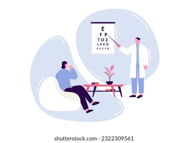 Characters of ophthalmologists. Vector concept of ophthalmology clinic. Doctor and patient, eye examination, diagnosis illustration. Vector illustration