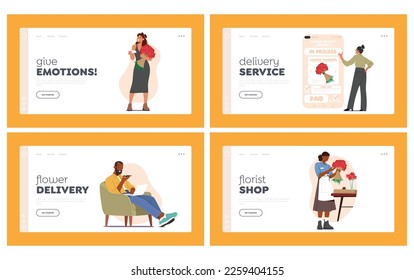 Characters Order Flowers In Internet Landing Page Template Set. Woman Use Online App For Buying Bouquet In Flower Company. Courier on Scooter, Florist with Bouquet. Cartoon People Vector Illustration