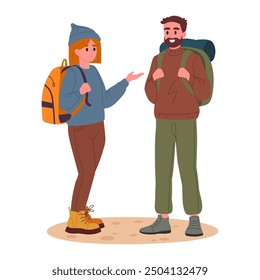 Personajes de aventura al aire libre. Pareja en caminata, senderismo de personas turísticas activas, trekking y Ilustración vectorial plana mochilero. Gente caminando en el sendero