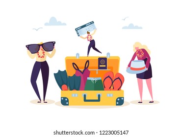 Characters Packing Baggage for Travel. Man and Woman Preparing for Tropical Trip. Happy People Traveling to Beach Vacation. Vector illustration